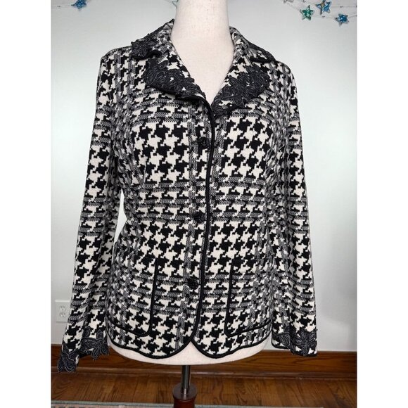 Vintage Stizzoli Black & White Houndstooth Sweater Blazer With Floral Appliqué S - Picture 1 of 6